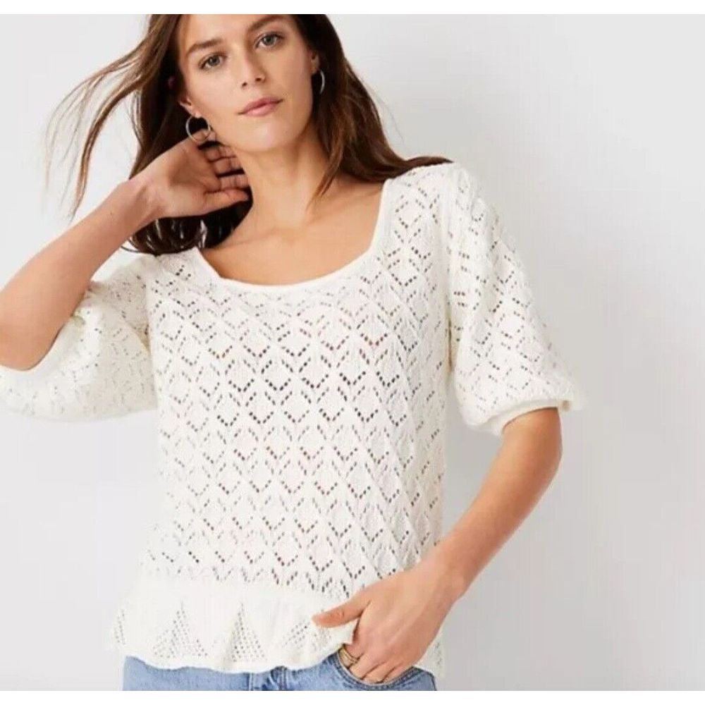 Ann Taylor Pointelle Knit Top SM Ivory Peplum Ruffle Hem Coquette Cottagecore